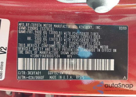 2009 Toyota Venza Base V6 z USA, uszkodzony, nr VIN 4T3BK11AX9U007594